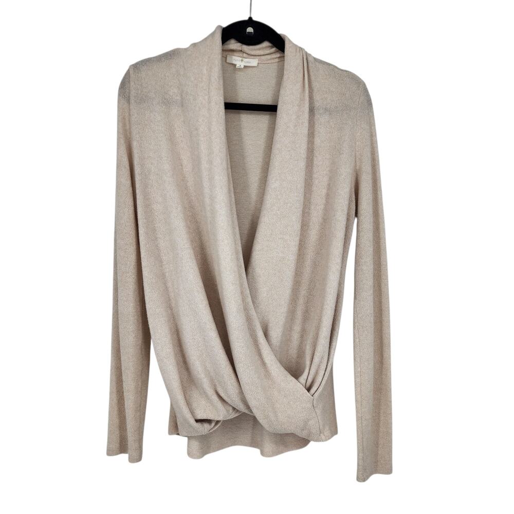 Anthropologie Pure + Good Cream Clayton Brushed Fleece Faux Wrap Knit Top Size S